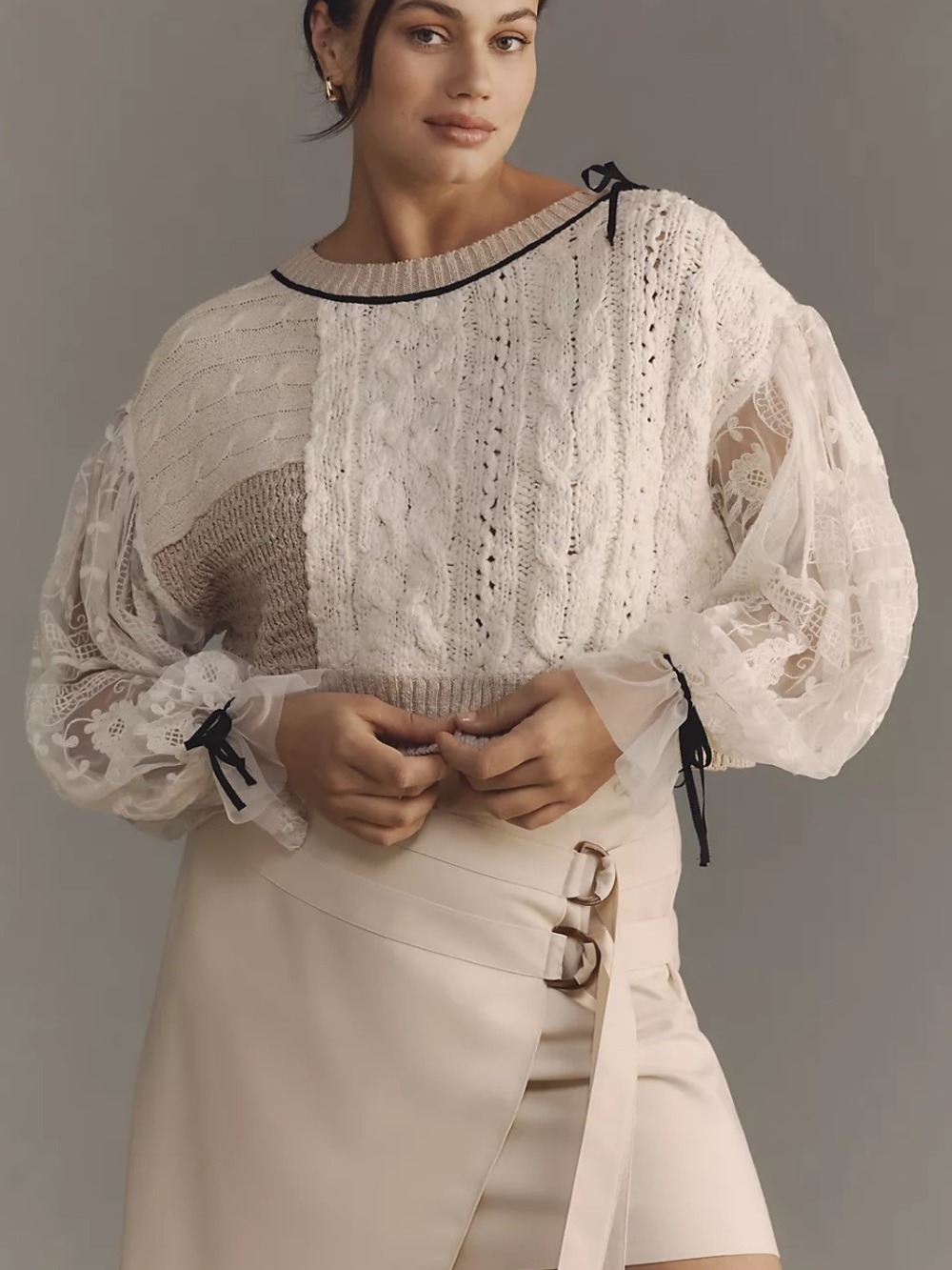 By Anthropologie Boho Patchwork Knit Twofer Sweater Sheer Lace Bishop Sleeves M